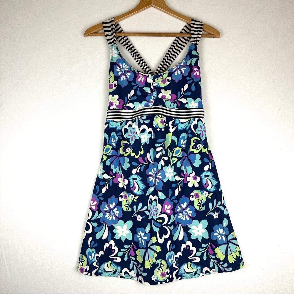 Title Nine Floral & Stripe Criss‎ Cross Back Swim Dress Beach Pool